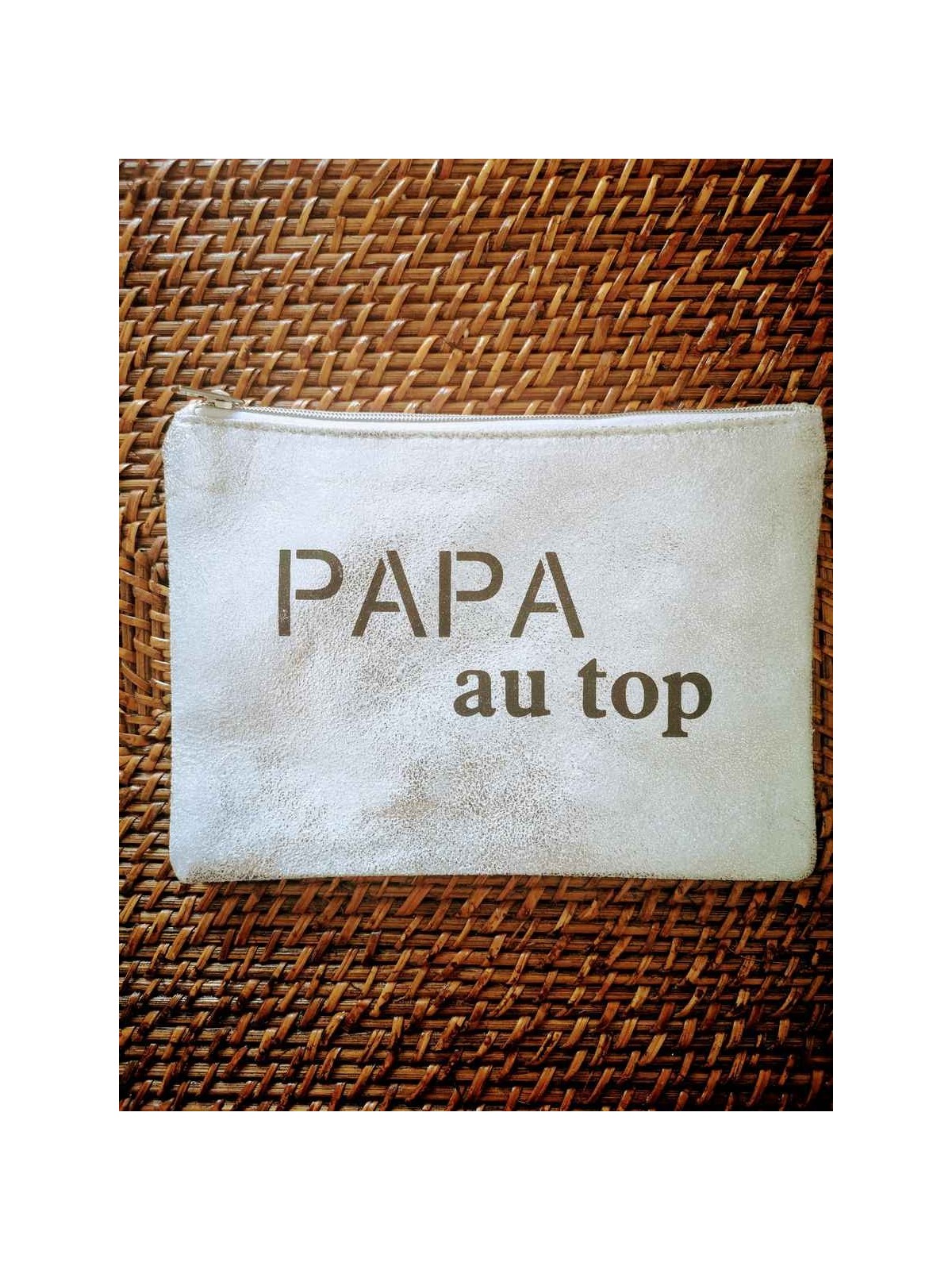 Pochette "Papa au top" couleur blanche et argent zippée multi-usage | 1 Vue de face | Tilleulmenthe Mode femme en ligne
