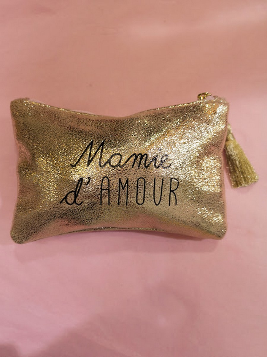 Pochette "Mamie d'amour" couleur pêche effet brillant zippée multi-usage | Vue 2 |  Tilleulmenthe Boutique de mode femme