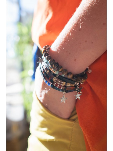 Bracelet monté sur élastique  perles oeil du tigre l 2 vue avec bracelets étoile l Tilleulmenthe boutique de mode femme en ligne