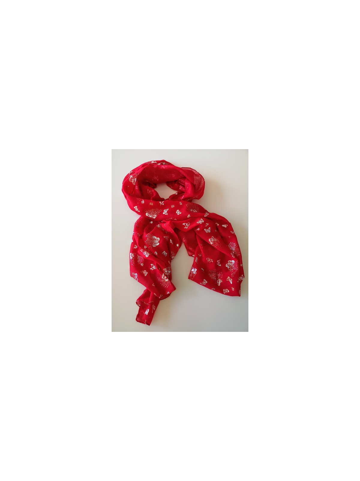Foulard Fiona rouge avec papillons couleur argent l 2 vue foulard sans compagnon l Tilleulmenthe boutique de mode femme en ligne