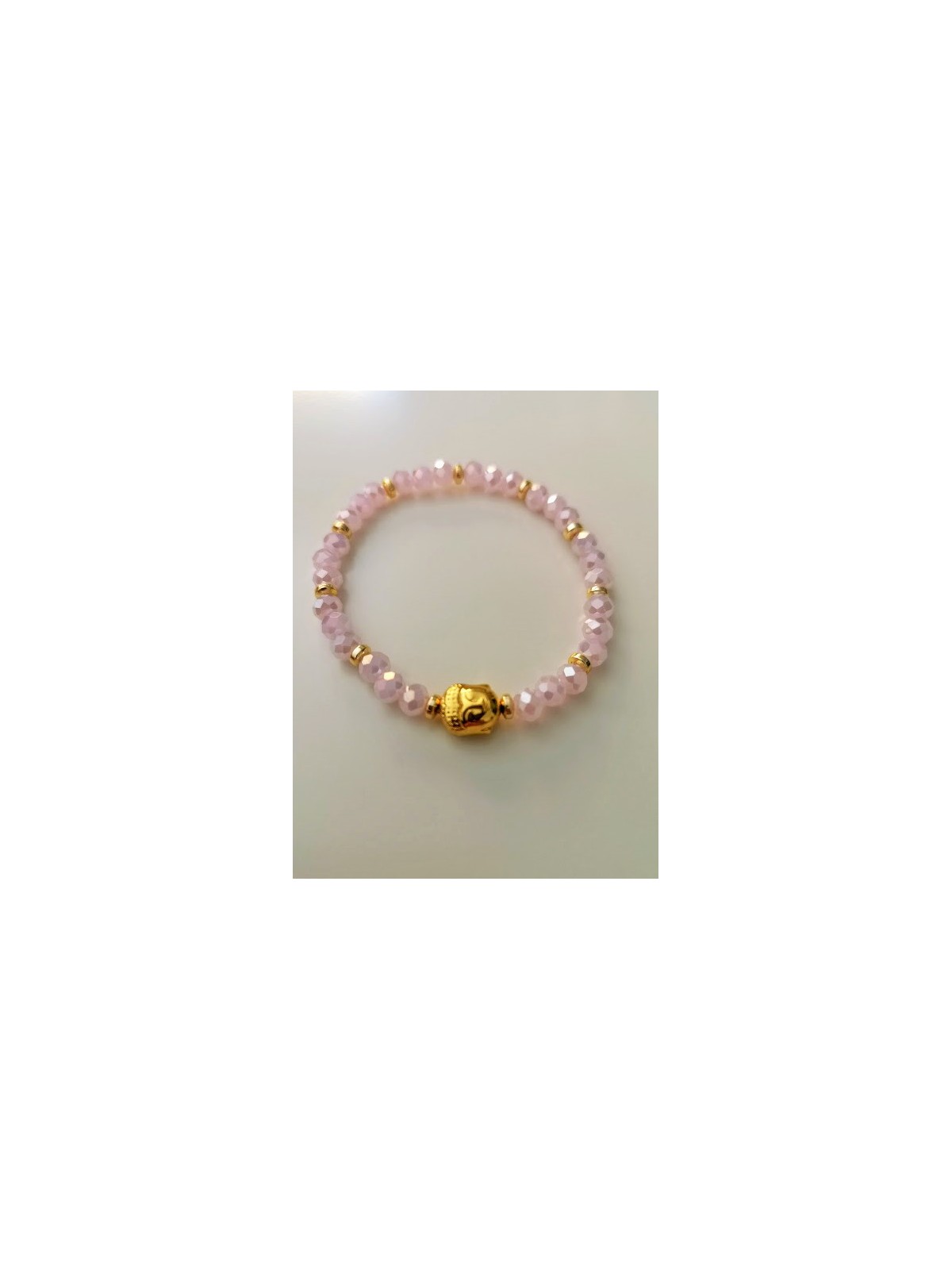 Bracelet en matière synthétique avec perles roses et bouddha doré | 4 vue à plat | Tilleulmenthe boutique de mode femme en ligne