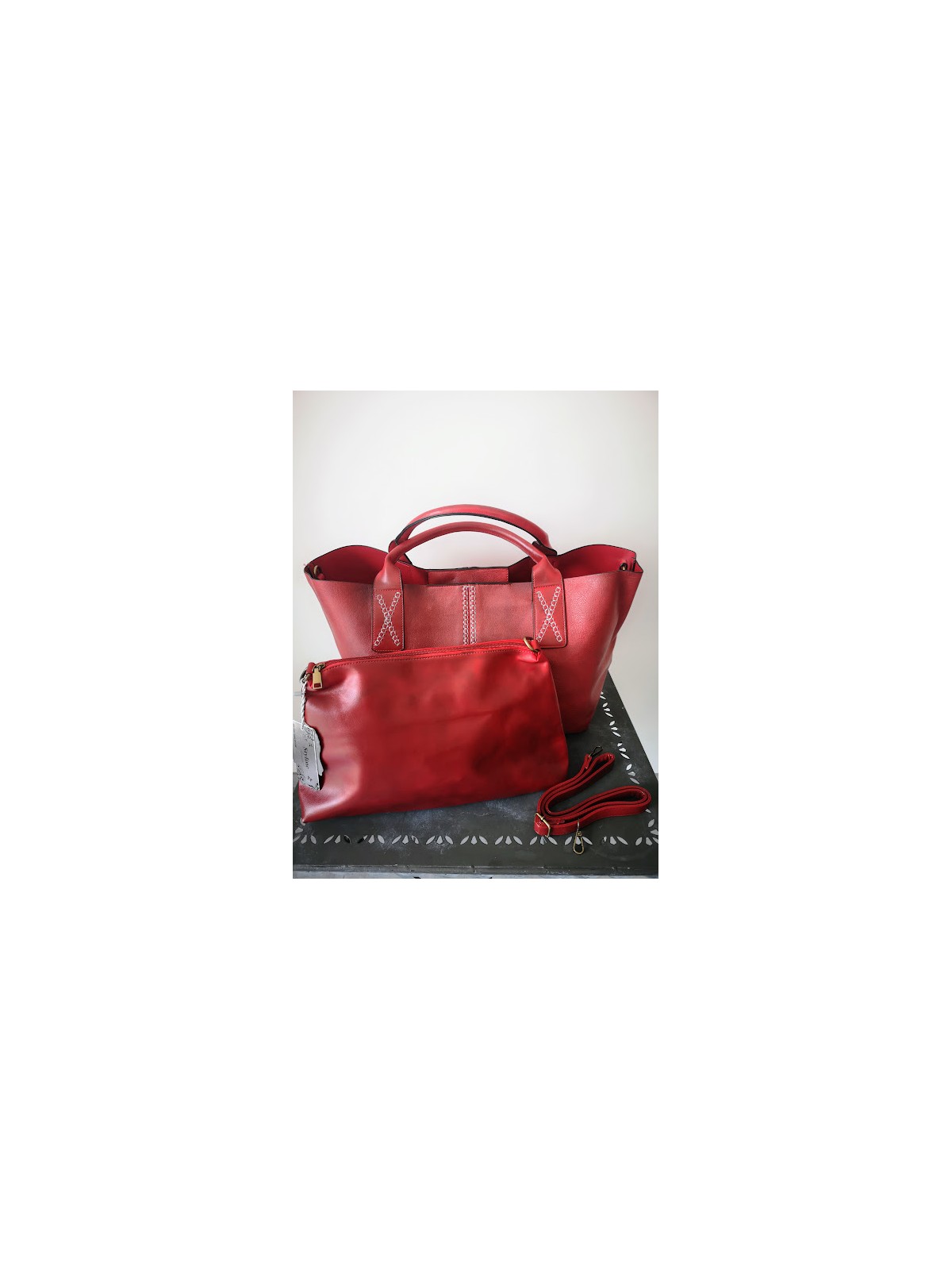 Sac rouge avec petites anses l 3 vue avec pochette l Tilleulmenthe mode boutique de vêtements femme en ligne