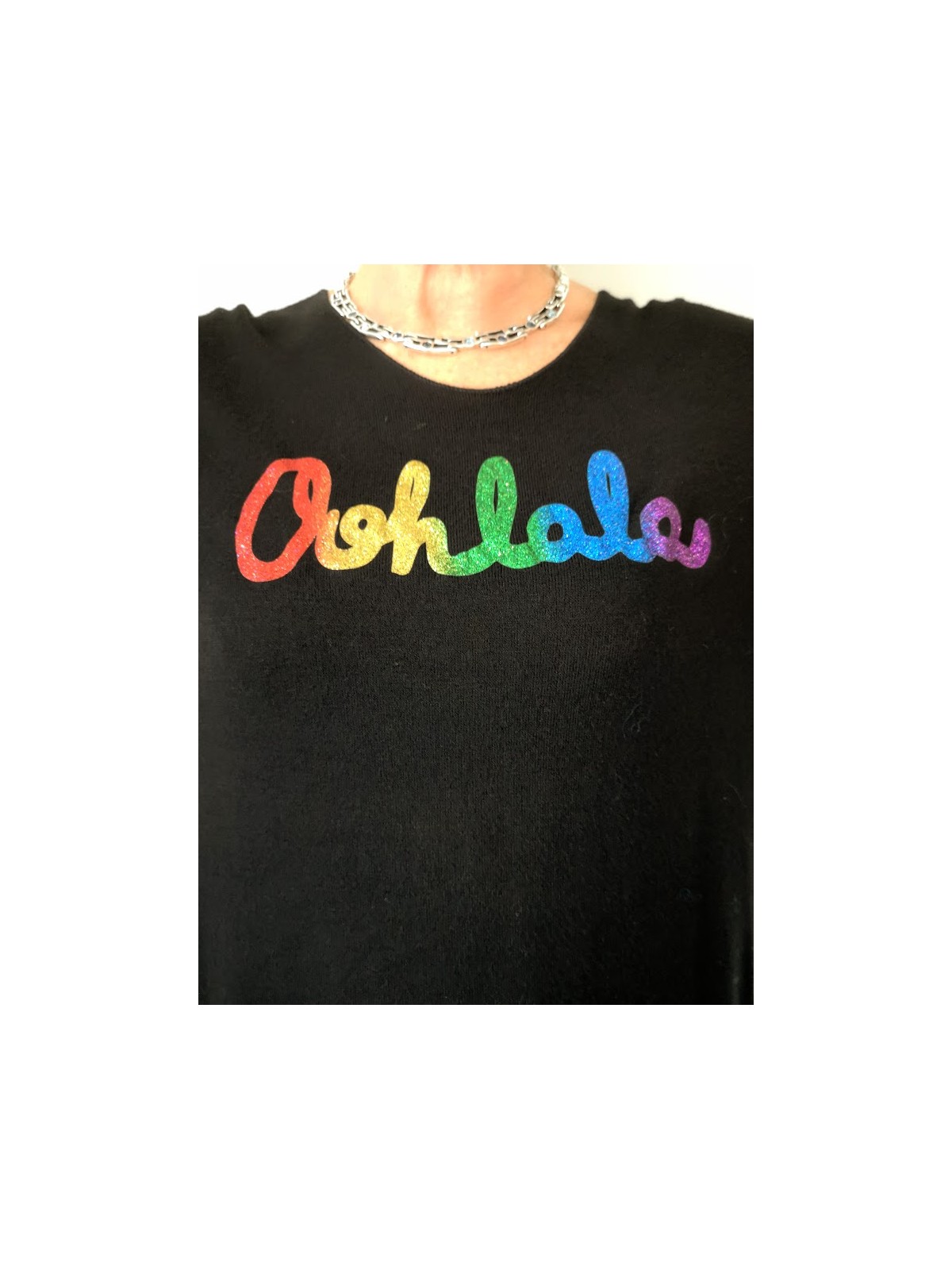 Pull col rond écritures ohlala colorées l 3 vue rapprochée l Tilleulmenthe mode boutique de vêtements femme en ligne