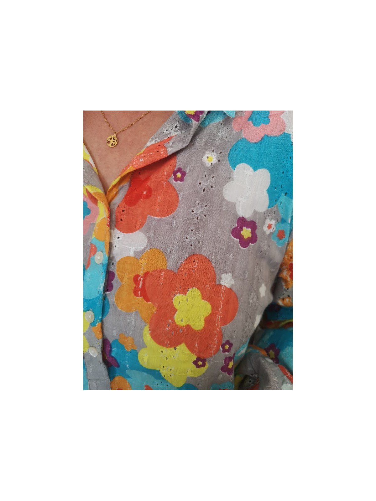 Robe chemise à fleurs colorées marque Bagatelle l 4 vue détails tissu l Tilleulmenthe mode boutique de vêtements femme en ligne