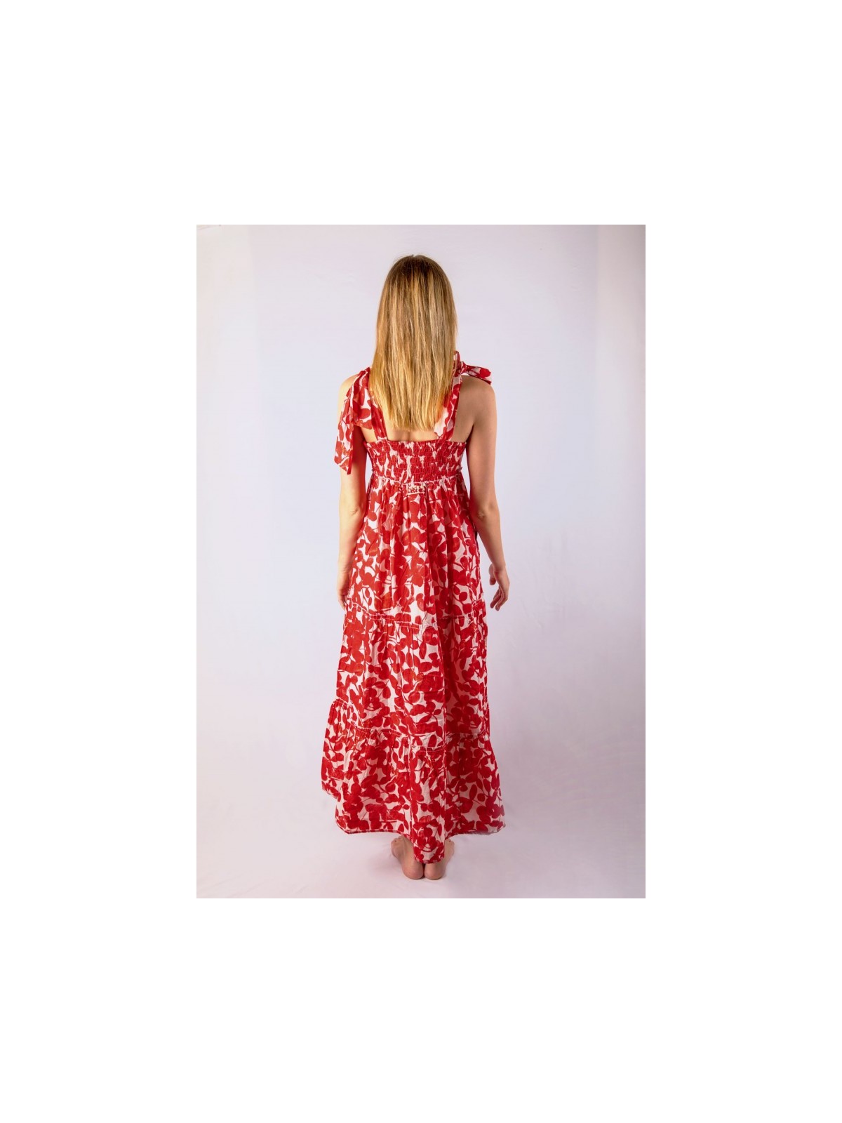 Robe longue bicolore rouge et blanche à motifs fleurs l 2 vue de dos l Tilleulmenthe mode boutique de vêtements femme en ligne