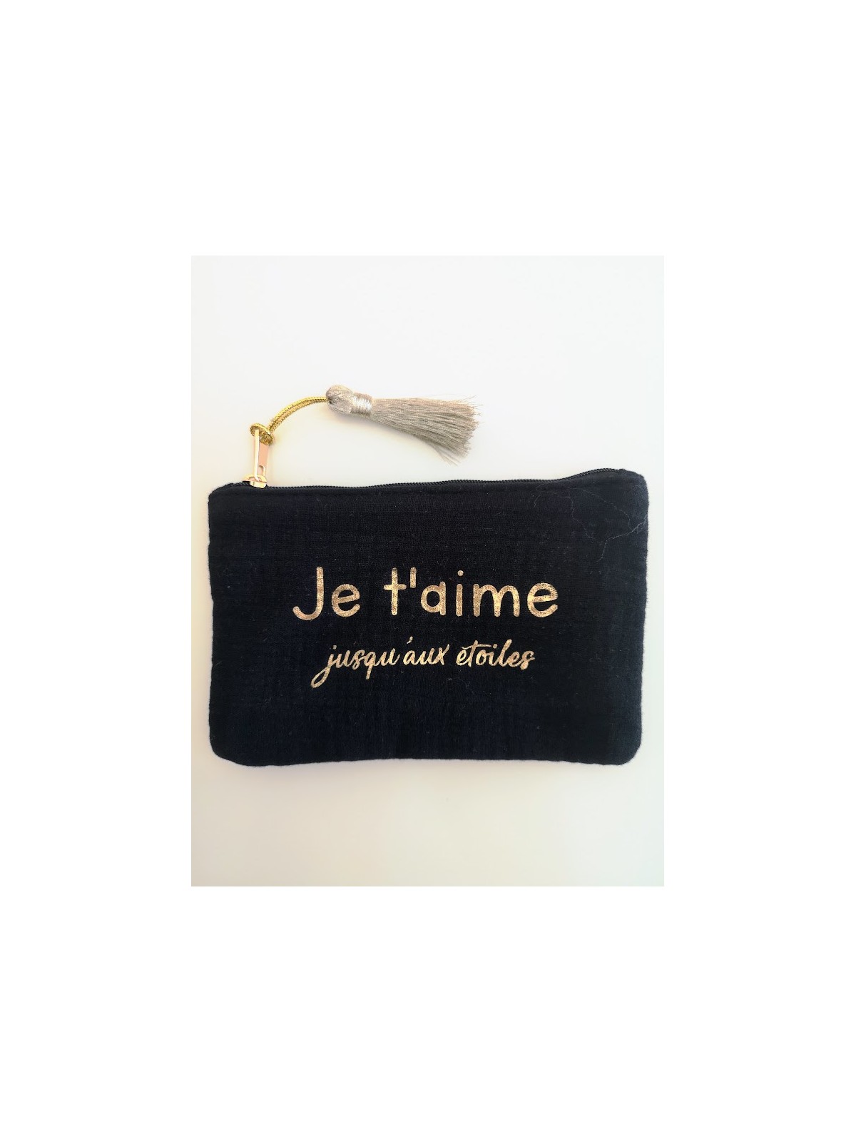 Pochette zippée noire et dorée avec inscriptions l 1 vue de face l Tilleulmenthe mode boutique de prêt à porter femme en ligne