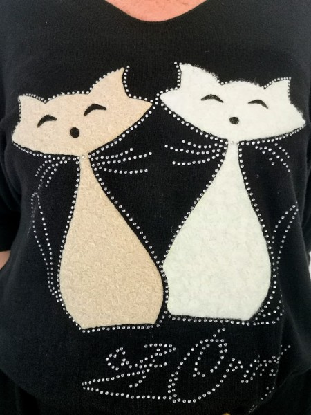 T-shirt manches longues noir imprimés chats l 2 vue rapprochée l Tilleulmenthe mode boutique de prêt à porter femme en ligne