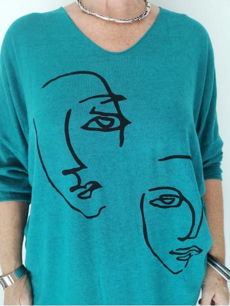 Haut bleu et noir avec imprimé visage l 3 vue motif l Tilleulmenthe mode boutique de vêtements femme en ligne