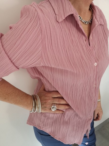 Chemise manches longues rose tissu gaufré l 3 vue col chemise l Tilleulmenthe mode boutique de prêt à porter femme en ligne