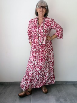 Robe longue à motifs blanc et framboise l 1 vue de face l Tilleulmenthe mode boutique de vêtements femme en ligne