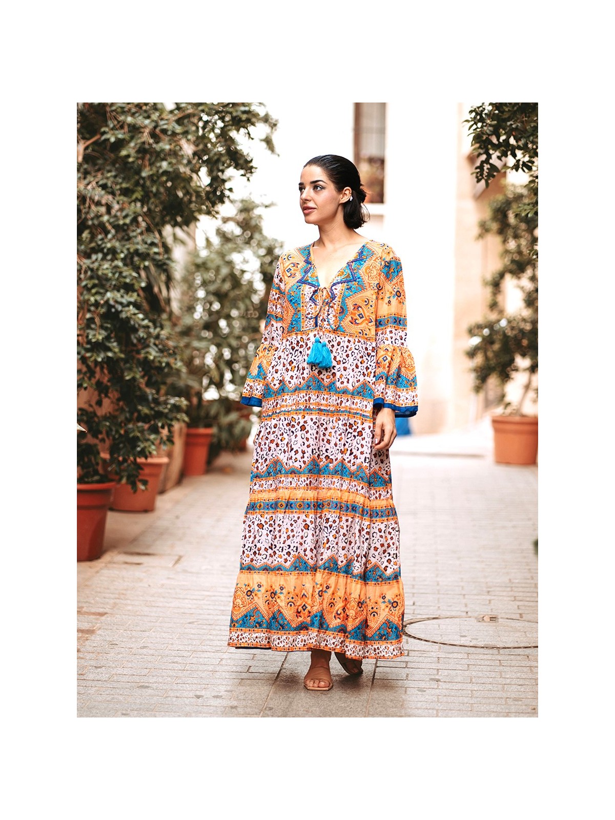 Robe longue évasée à motifs colorés Isla Bonita l 1 vue de face l Tilleulmenthe mode boutique de vêtements femme en ligne
