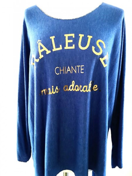 Pull fin bleu avec inscriptions dorées original l 3 vue écritures l Tilleulmenthe mode boutique de vêtements femme en ligne