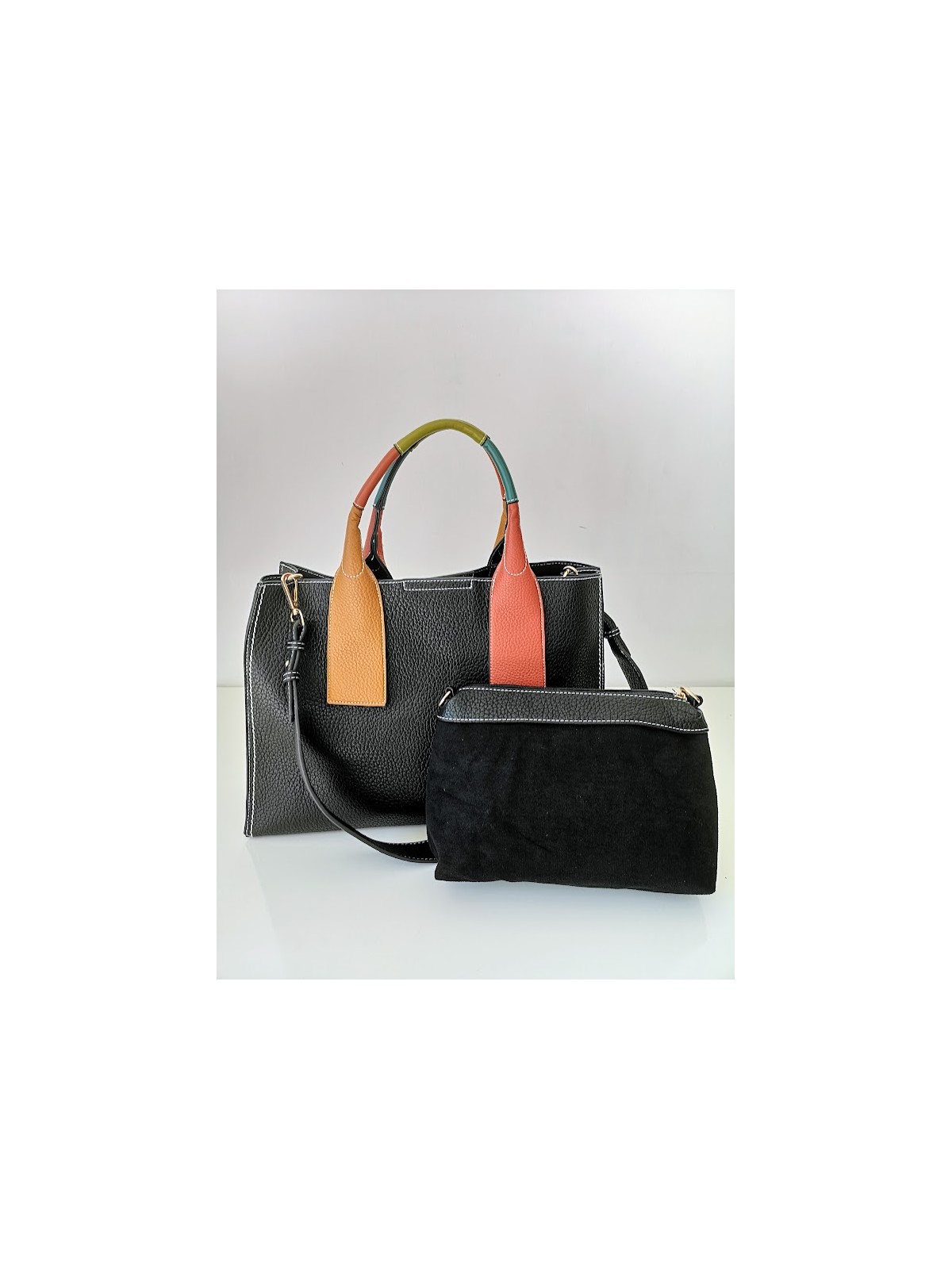 Sac à main femme noir avec anses colorées l 1 vue sac et pochette l Tilleulmenthe mode boutique de vêtements femme en ligne