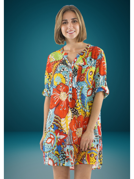 Tunique motifs végétaux colorés 100% Coton l 2 vue portée l Tilleulmenthe mode boutique de vêtements femme en ligne