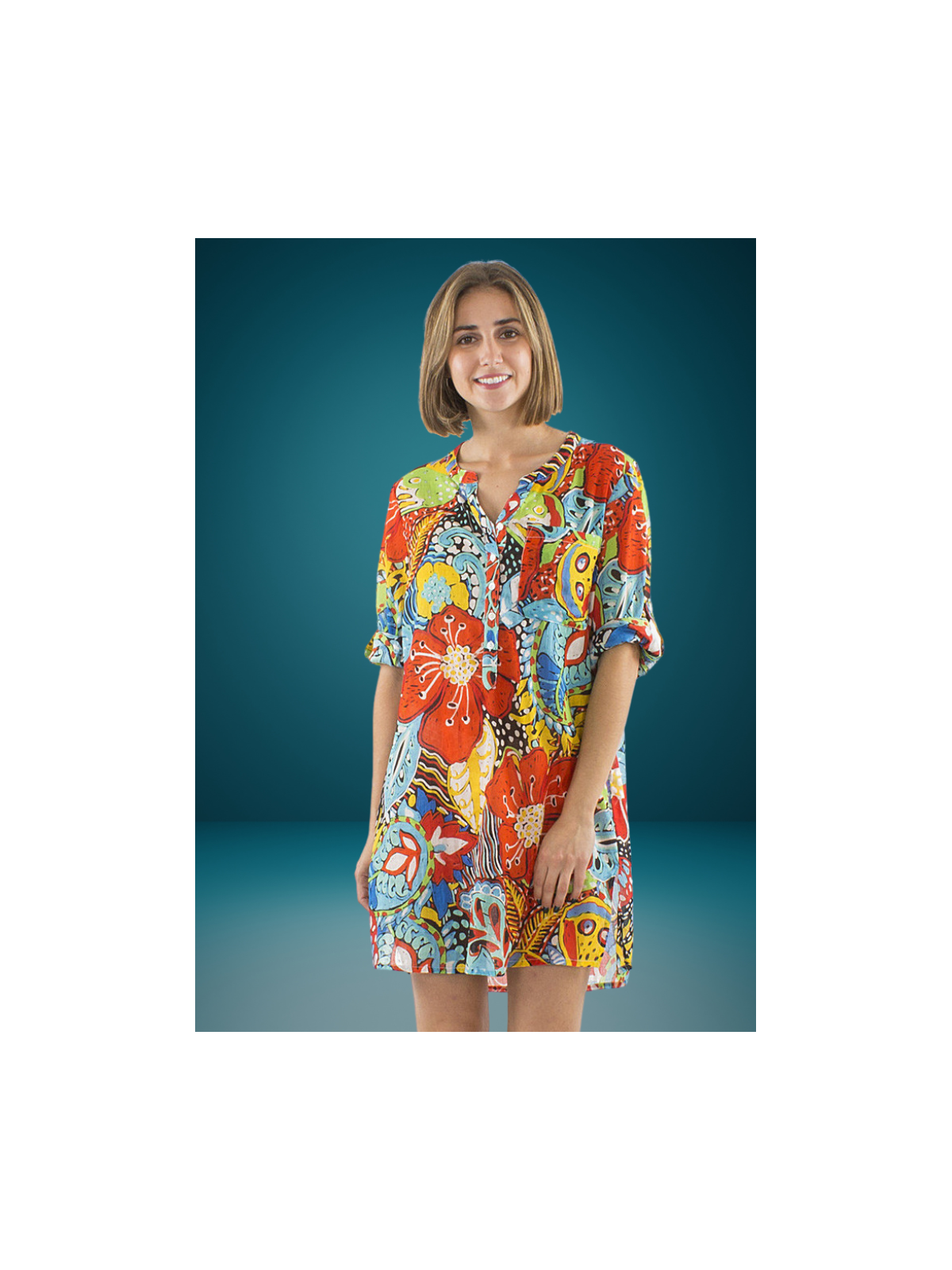 Tunique motifs végétaux colorés 100% Coton l 2 vue portée l Tilleulmenthe mode boutique de vêtements femme en ligne