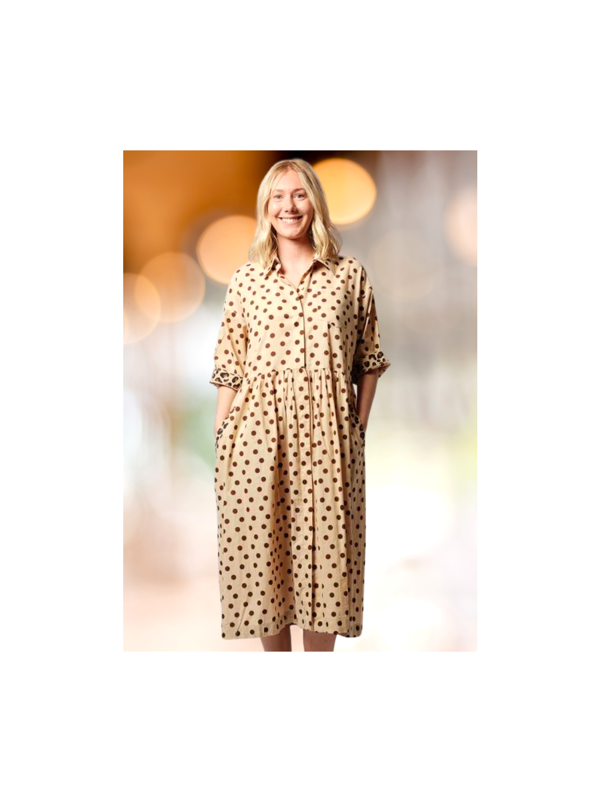 Robe chemise à pois camel et noire l 1 vue de face l Tilleulmenthe mode boutique de vêtements femme en ligne