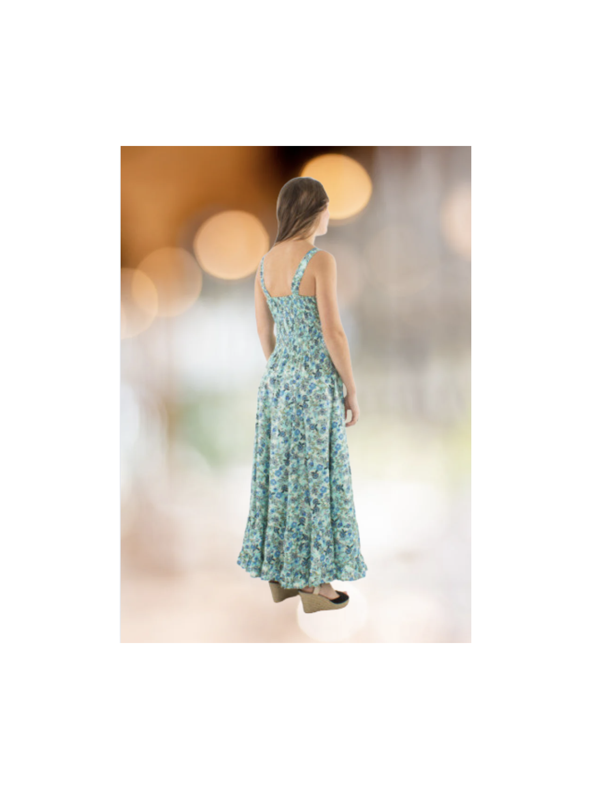 Robe verte smockée à motifs l 4 vue bretelles élastiquées l Tilleulmenthe mode boutique de vêtements femme en ligne