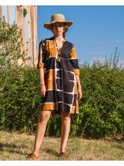 Robe tunique moutarde et noire 100% Coton l 1 vue de face l Tilleulmethe mode boutique de vêtements femme en ligne