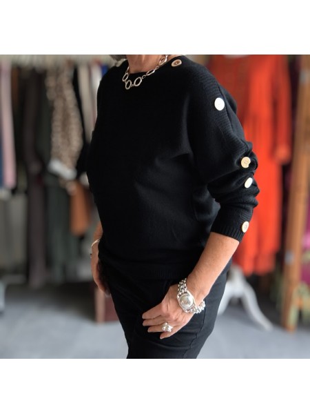 Pull manches longues couleur noir avec boutons l 2 vue de profil l Tilleulmenthe mode boutique de vêtements femme en ligne