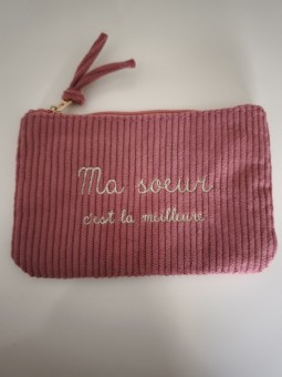Pochette velours rose avec inscriptions l 1 vue de face l Tilleulementhe mode boutique de vêtements femme en ligne