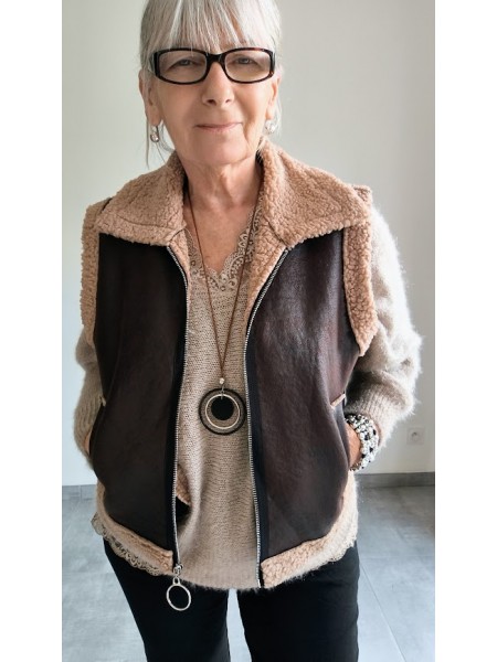Veste zippée sans manche marron et beige l 2 vue de face l Tilleulmenthe mode boutique de vêtements femme en ligne