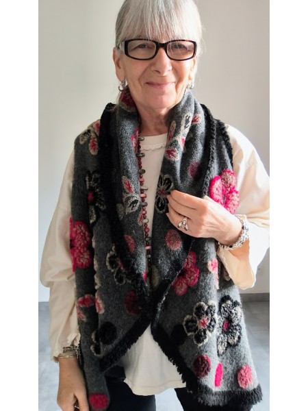 Veste grise fleurs roses laine bouillie l 10 vue fleurs roses l Tilleulmenthe mode boutique de vêtements femme en ligne
