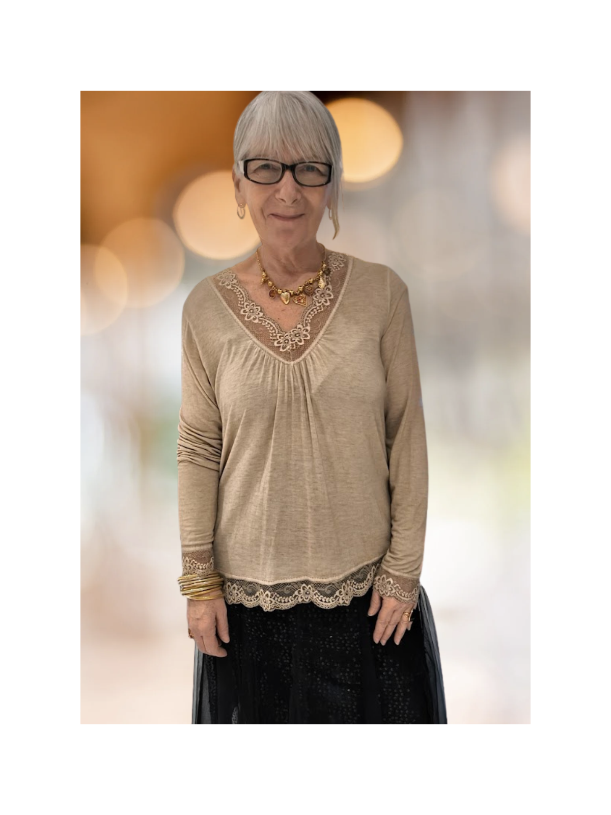 Top camel avec dentelle l 3 vue de face l Tilleulmenthe mode boutique de vêtements femme en ligne