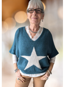 Pull bleu étoile blanche l 1 vue de face l Tilleulmenthe mode boutique de vêtements femme en ligne