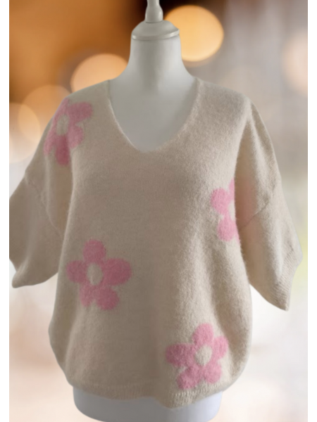Pull manches 3/4 écru avec fleurs l 2 vue de près l Tilleulmenthe mode boutique de vêtements femme en ligne