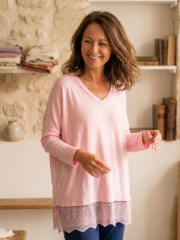 Top manches longues dentelles rose l 1 vue de face l Tilleulmenthe mode boutique de vêtements femme en ligne