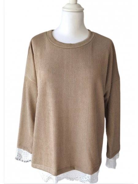 Top manches longues camel avec dentelle l 2 vue de près l Tilleulmenthe mode boutique de vêtements femme en ligne