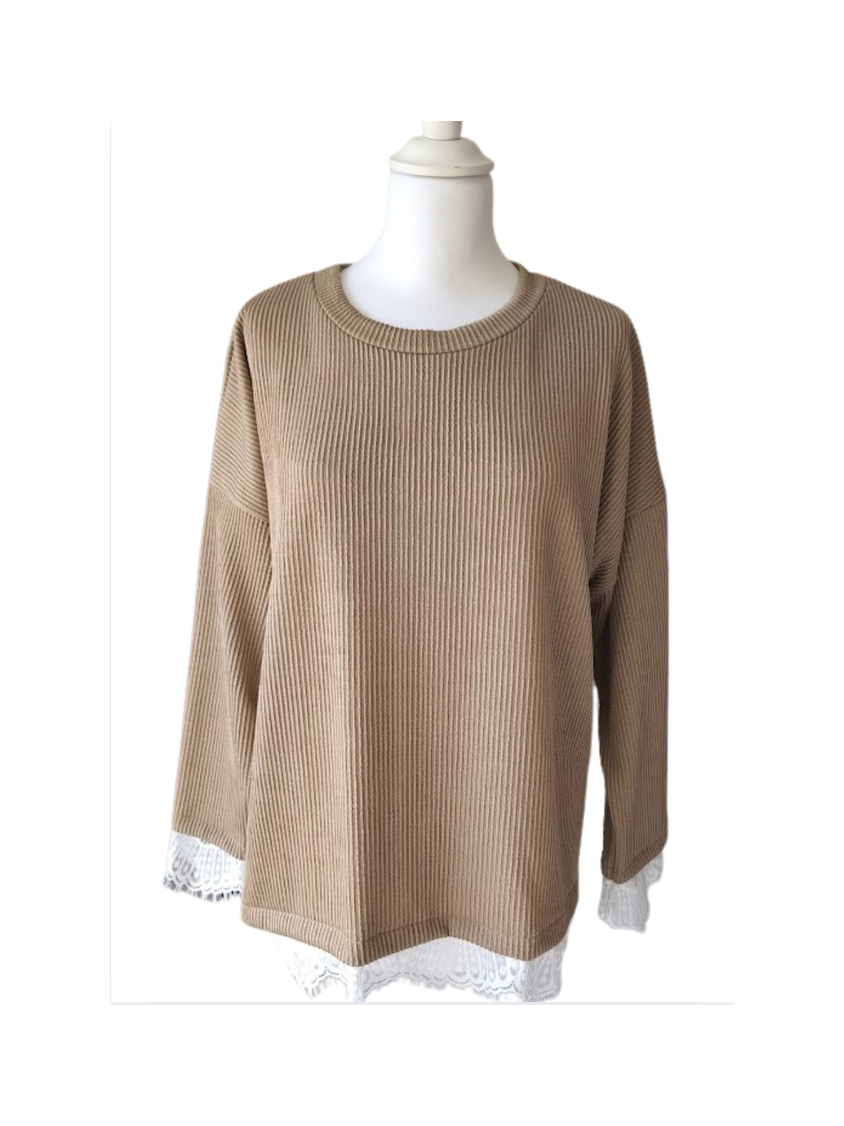 Top manches longues camel avec dentelle l 2 vue de près l Tilleulmenthe mode boutique de vêtements femme en ligne