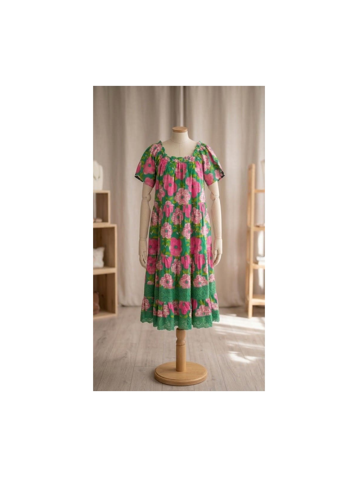 Robe L'Eté de Jeanne colorée 100% Coton l 2 vue de face l Tilleulmenthe mode boutique de vêtements femme en ligne