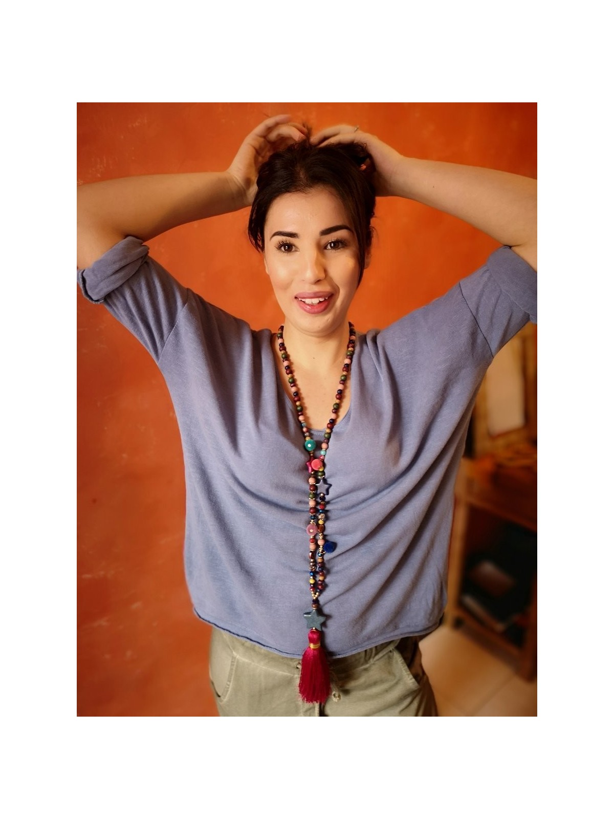 Sautoir Etoile Pompon avec perles synthétiques colorées | 2 vue de face | Tilleulmenthe boutique de mode femme en ligne